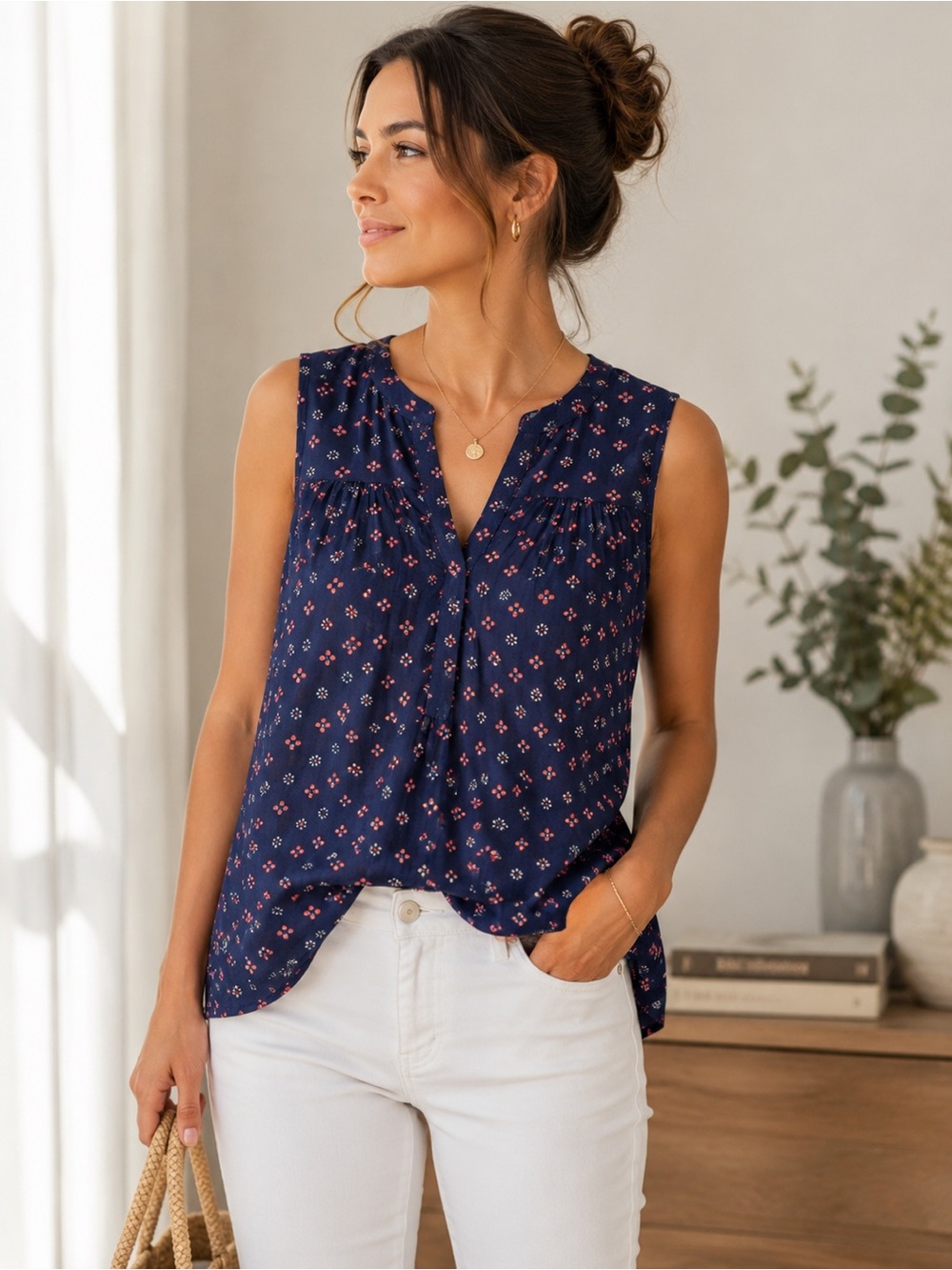 GAP Navy Blue Floral Sleeveless Cotton Blouse Large Pink Ditsy Print Tank Top